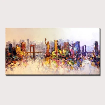 

Arthyx Art Hand Painted Statue of Liberty City Building Oil Paintings on Canvas Wall Pictures Poster For Home Decor No Framed