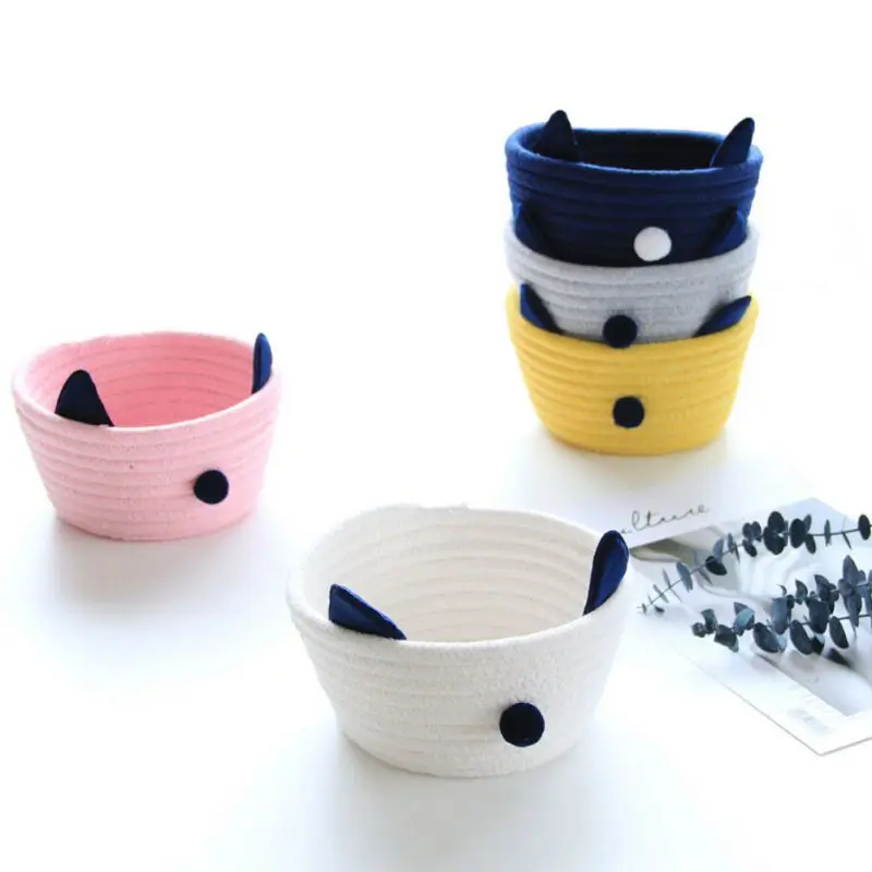 

Straw Small Basket Cat Ears Desktop Debris Finishing Storage Box Handy Stationery Toy Home Table Storage Organizer