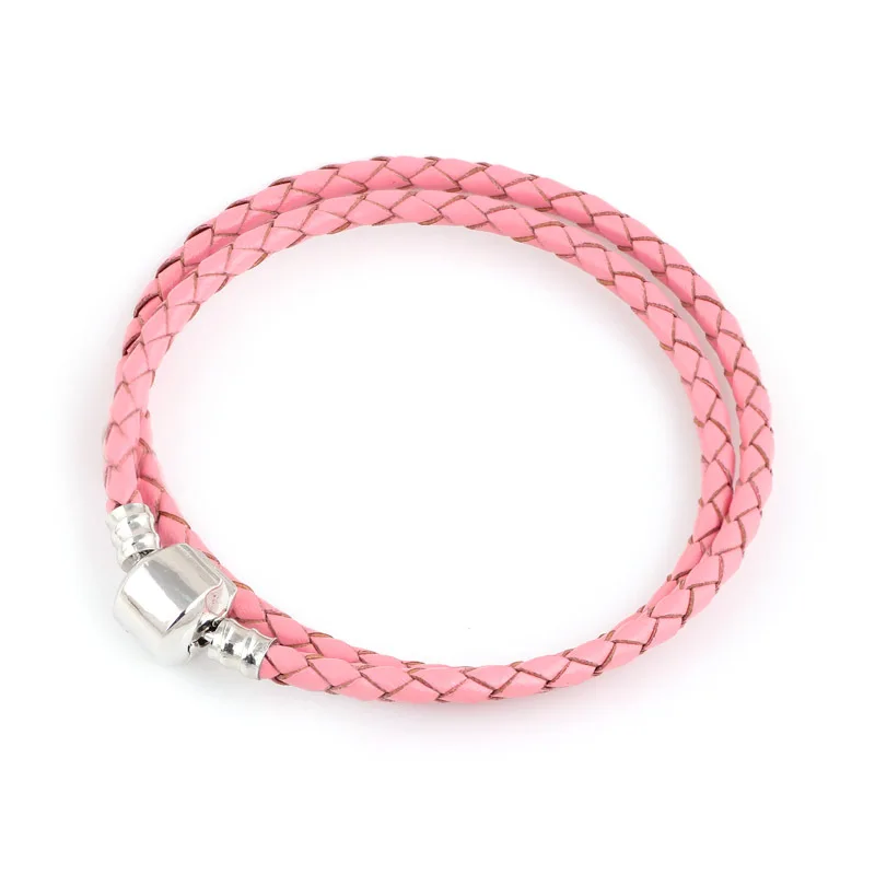 

Summer Style Pink Genuine Leather Bracelet Chain Fit For Charms Bracelets DIY Metal fit for Alloy Glass European Big Hole Beads