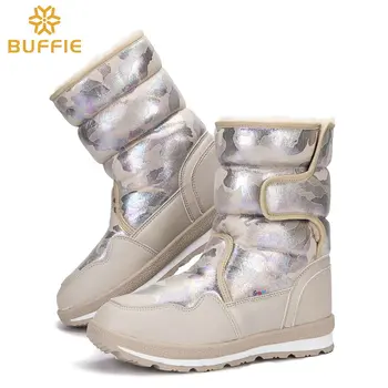 

Women's boots classic winter warm fur shoes sand beige boots mid calf style buckle easy waterproof upper thick plush insole good