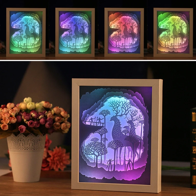 

Papercut Light Box LED USB Night Light Lamp Creative Paintings Hunting Animals