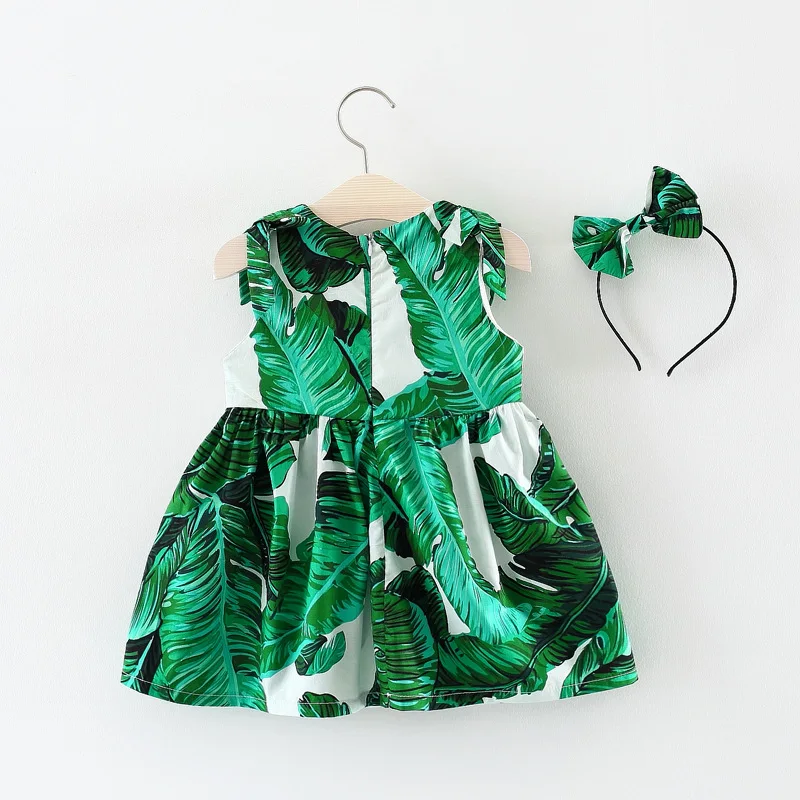 Babzapleume/Одежда для новорожденных девочек коллекция года, летние платья для детей возрастом от 3 лет модное хлопковое платье без рукавов с зелеными листьями+ головной убор, BC1701