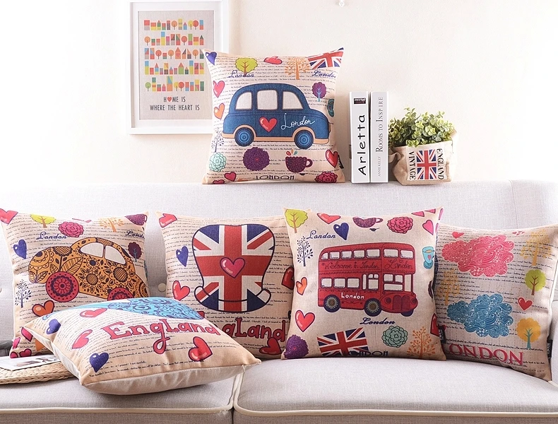 

British Retro Vintage Cushion Covers Oil Painting Cartoon London Bus Car Hat Royal Guard Cushion Cover Linen Cotton Pillow Case