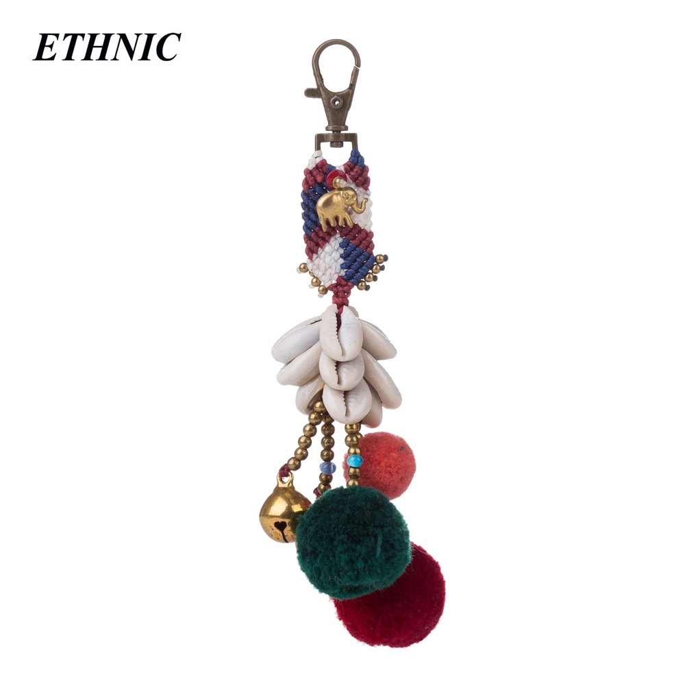 

ETHNIC 2018 Handmade Shell Made Pompom Ball Tassels Charm Woven Cloth Keychain for Women Fashion Keyring Bag Trinket