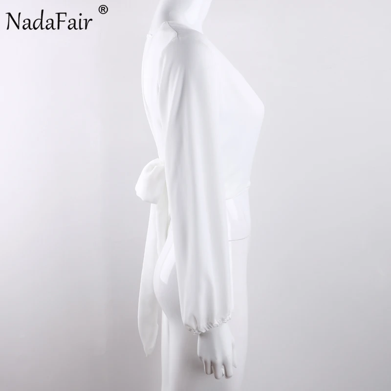 Nadafair, элегантная офисная шифоновая белая блузка, женские рубашки, v-образный вырез, сексуальная открытая спина, бант, вечерние блузки с длинным рукавом, женские топы