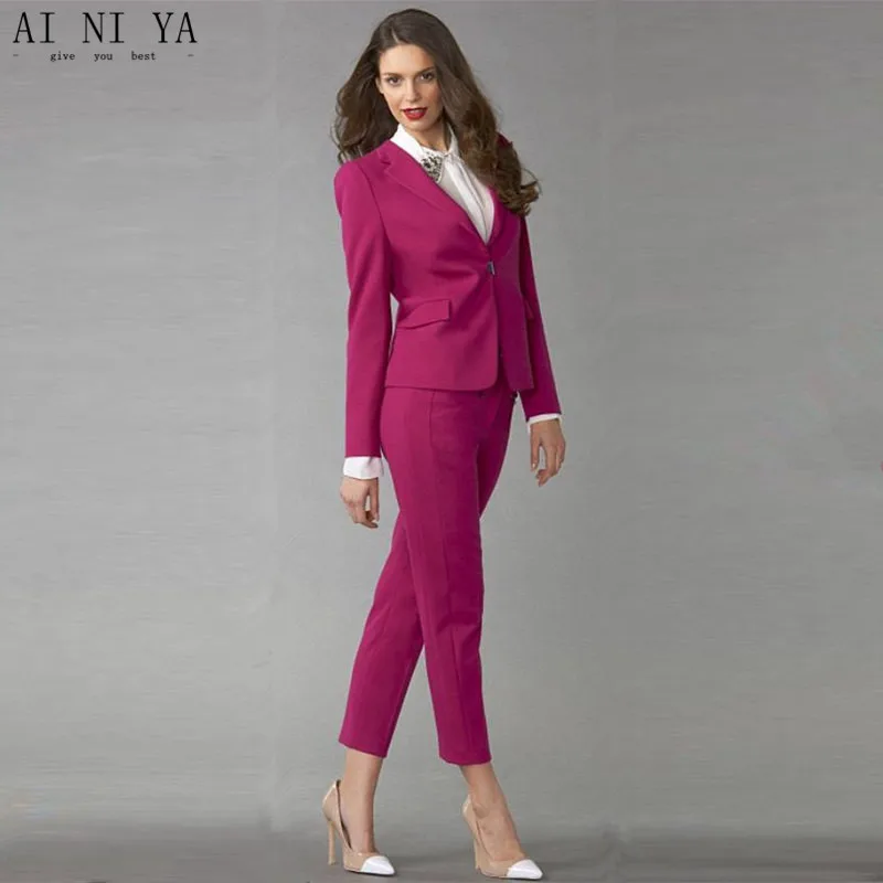 

New Fuchsia Womens Business Suits Slim Fit Female Office Uniform Ladies Trouser Suits Formal Evening Tuxedo 2 Piece Blazer