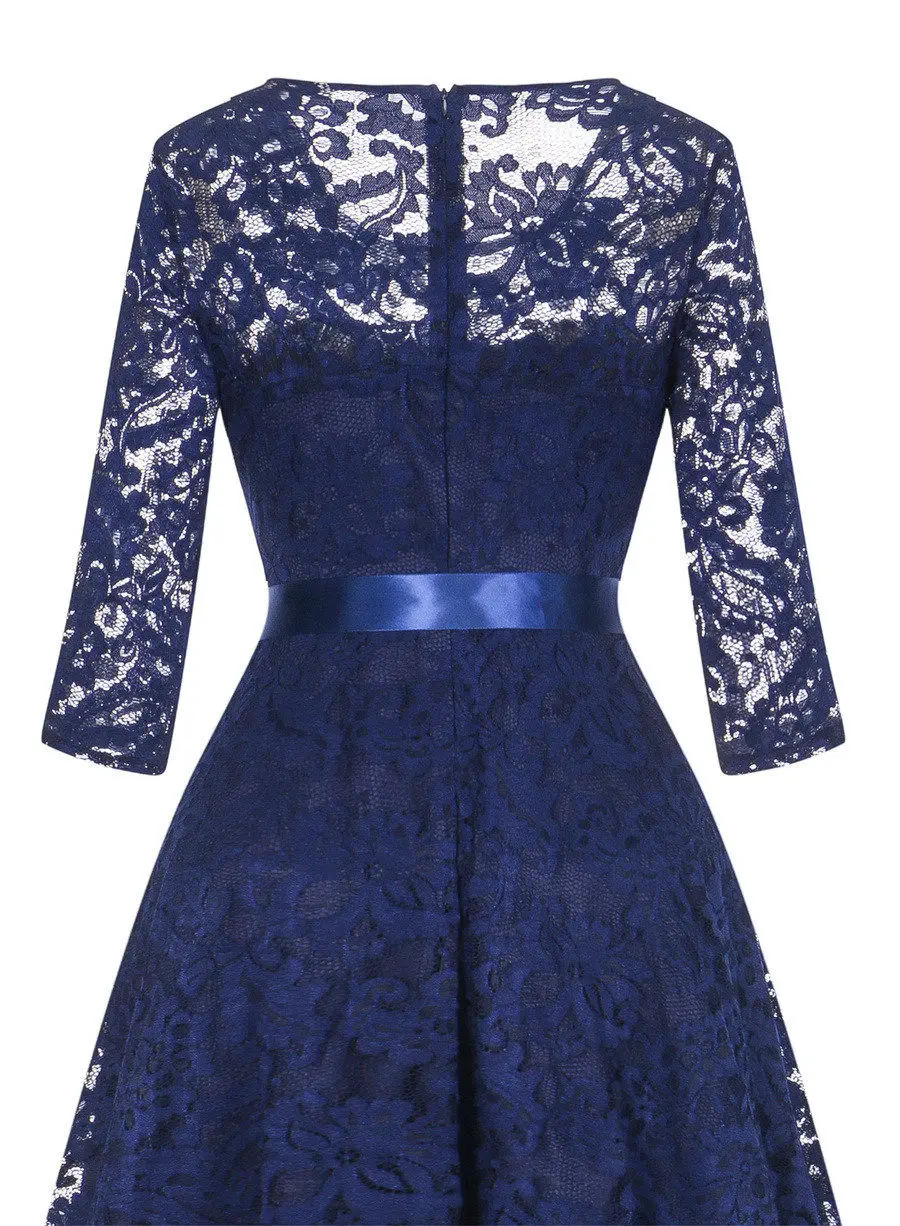 Gladiolus Hot 2018 Autumn Dress Women 34 Sleeve Sexy Lace Hollow Belt Tunic Midi Vintage Dress Evening Cocktail Party Dresses (24)