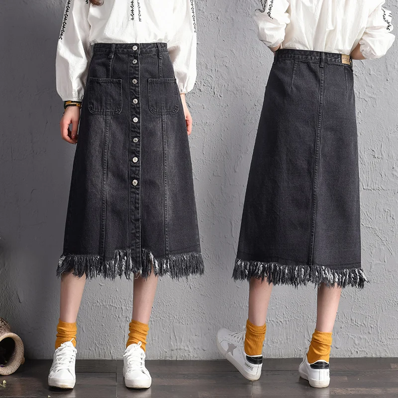 New Women black denim skirt long A Line knee Length button front fringe