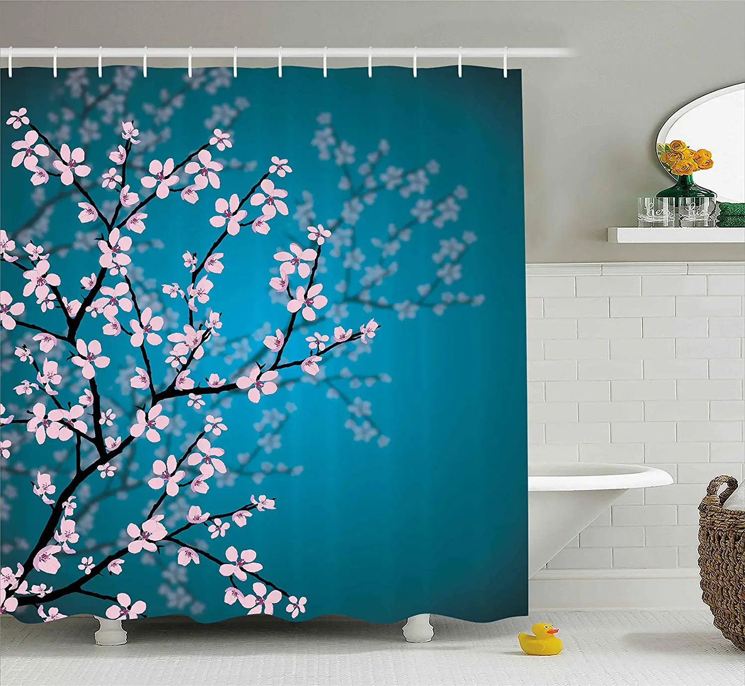 

Teal Shower Curtain Pink Blossoms Decor by, Leaves and Plants Ombre Spring Japanese Sakura Flowers in Garden Park