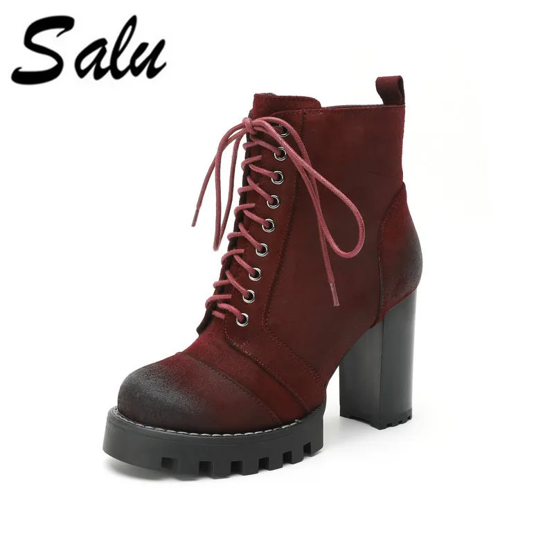 

Salu 2019 new Women Ankle Boots platform Square High Heel Genuine leather Winter Shoes Short Plush Women Motorcycle Boots