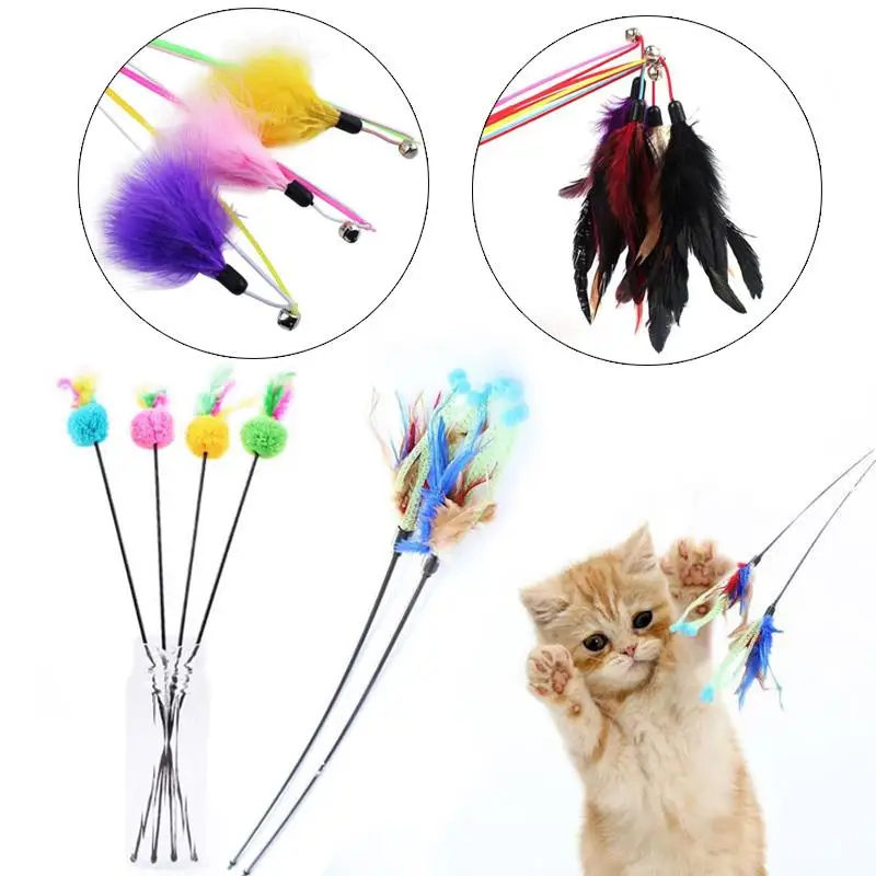 Cat Kitten Toy Pet Supply Dangler Bell Rod Wand Feather Play Random