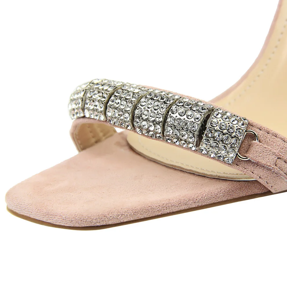 Летние женские сандалии со стразами на высоком каблуке 9 см; женские туфли-гладиаторы из замши с кристаллами; женские розовые пикантные туфли-лодочки; Scarpins
