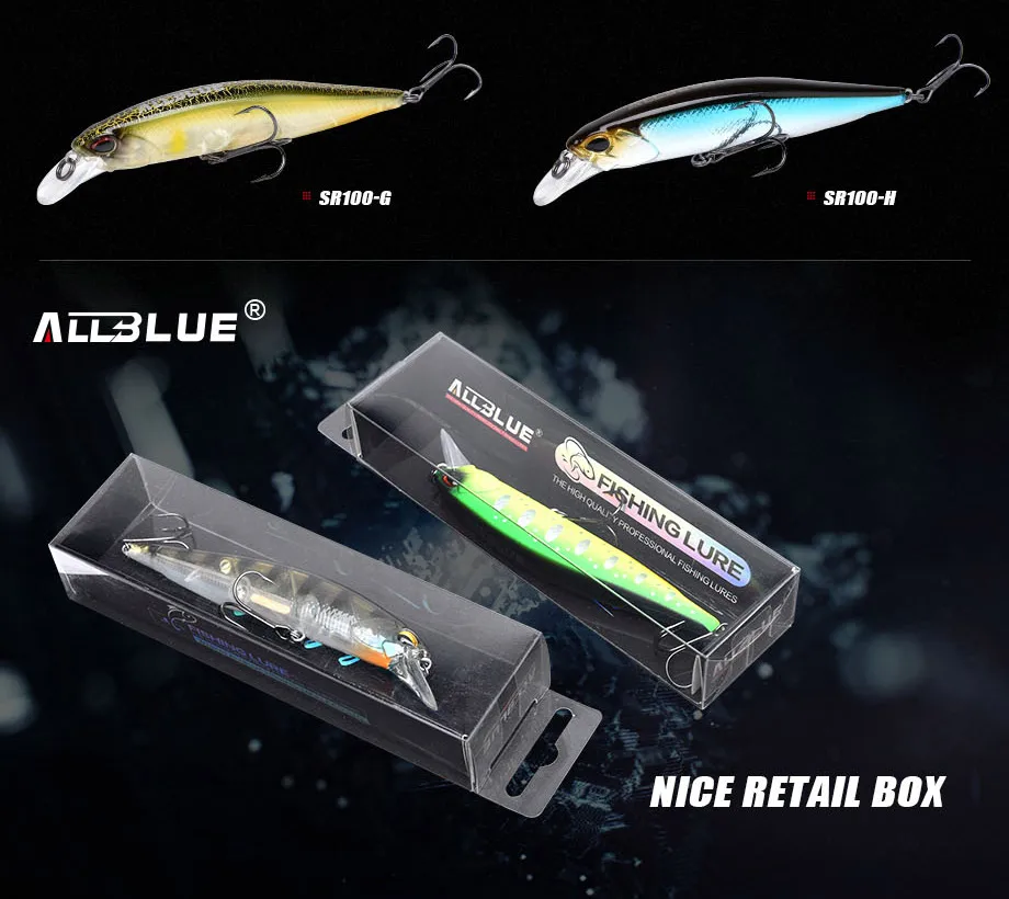 ALLBLUE, новинка, JERKBAIT 100SR, профессиональная рыболовная приманка, 100 мм, 14,1 г, плавающий воблер, гольян, 0,8-1,2 м, басовая приманка для щуки Крючки mustad