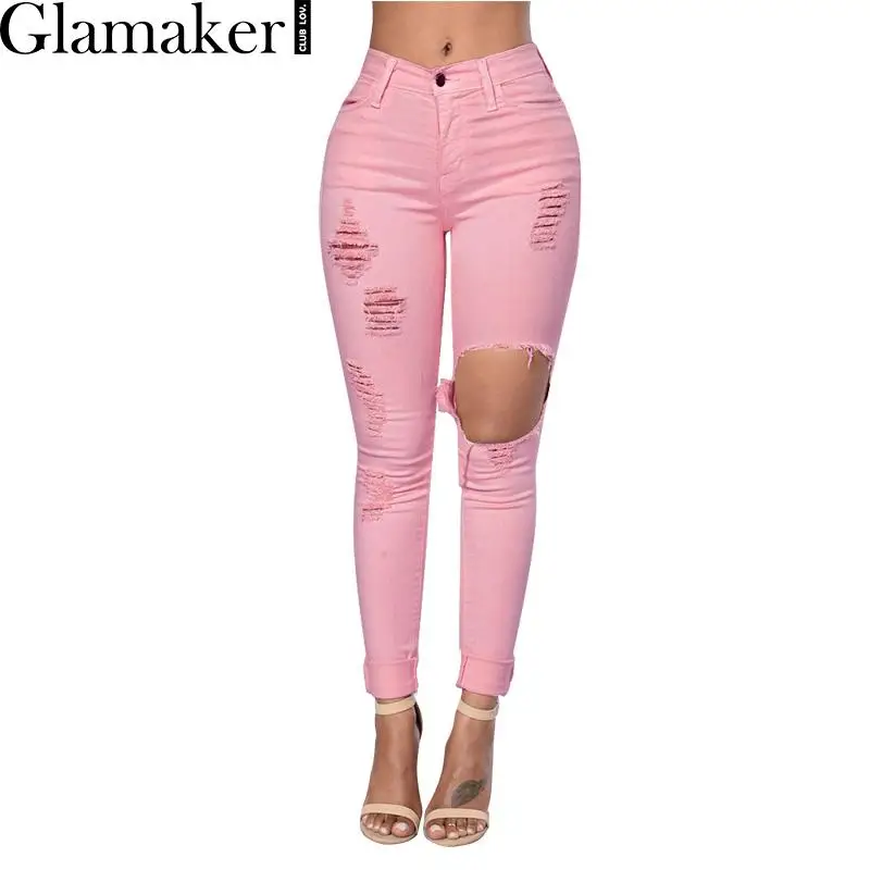 Buy Glamaker Fashion sexy pink ripped jeans female