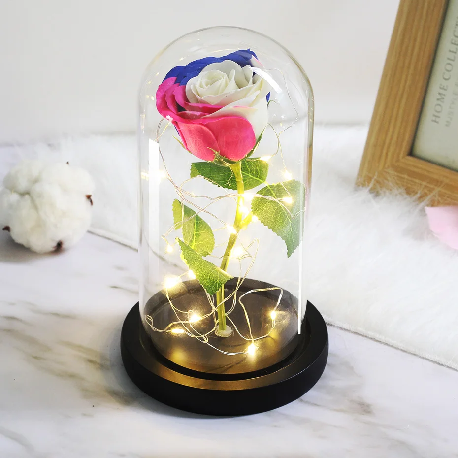 LED Lamp In Flask Glass Dome Artificial Flower with Eternal Battery Natural Real Madrid for Wedding Mother's Day Birthday Gift