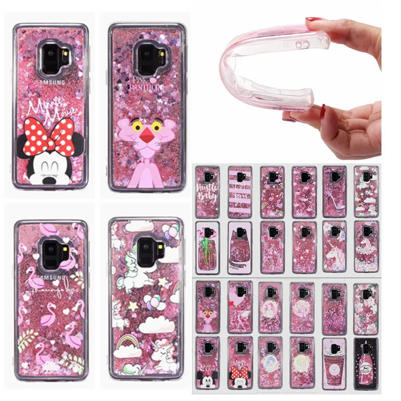 For iPhone X 7 8 Plus Cartoon Pink Liquid Quicksand Shockproof Love Sequins Soft TPU Phone Case Samsung Galaxy S9 S8 S7 |