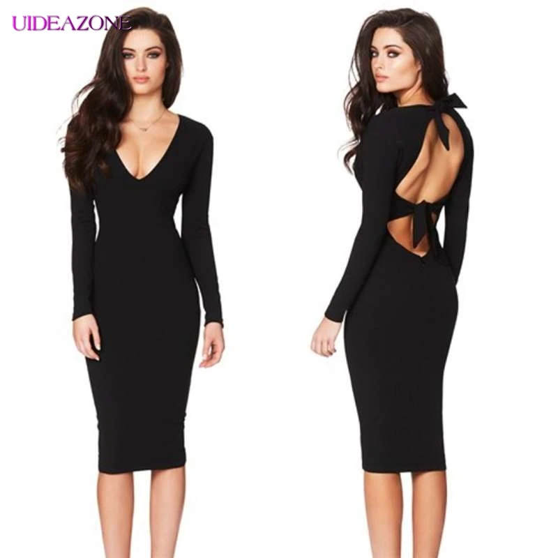

UIDEAZONE Low-cut Women Open Back Slim Dress 2019 Summer/autumn Tied Women Haigh Waist Solid Color Long Sleeve Tight Party Dress