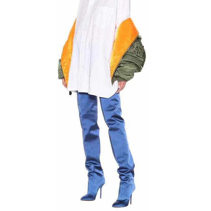 

newest Pants boots 12 cm stiletto sexy high heels Thigh high boots pointed toe blue winter women boots Catwalk shoes plus size45