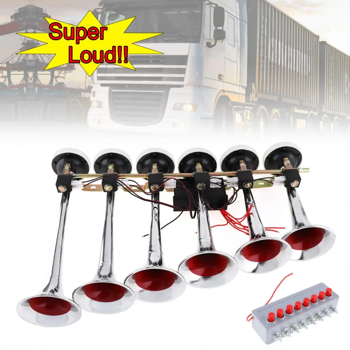 

200DB ABS Universal Durable Super Loud Car 8 Sounds Alarm 6 Trumpet Air Horn Compressor Kit