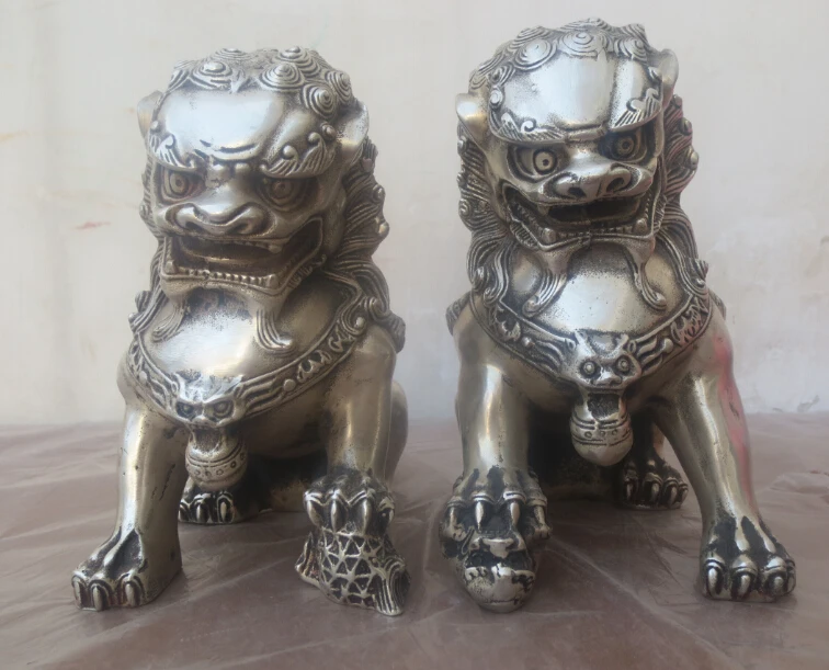 

1 Pair Chinese FengShui Tibet Silver Lion /Foo Fu Dog Statue High:15CM /item Tibet Silver decoration bronze factory outlets