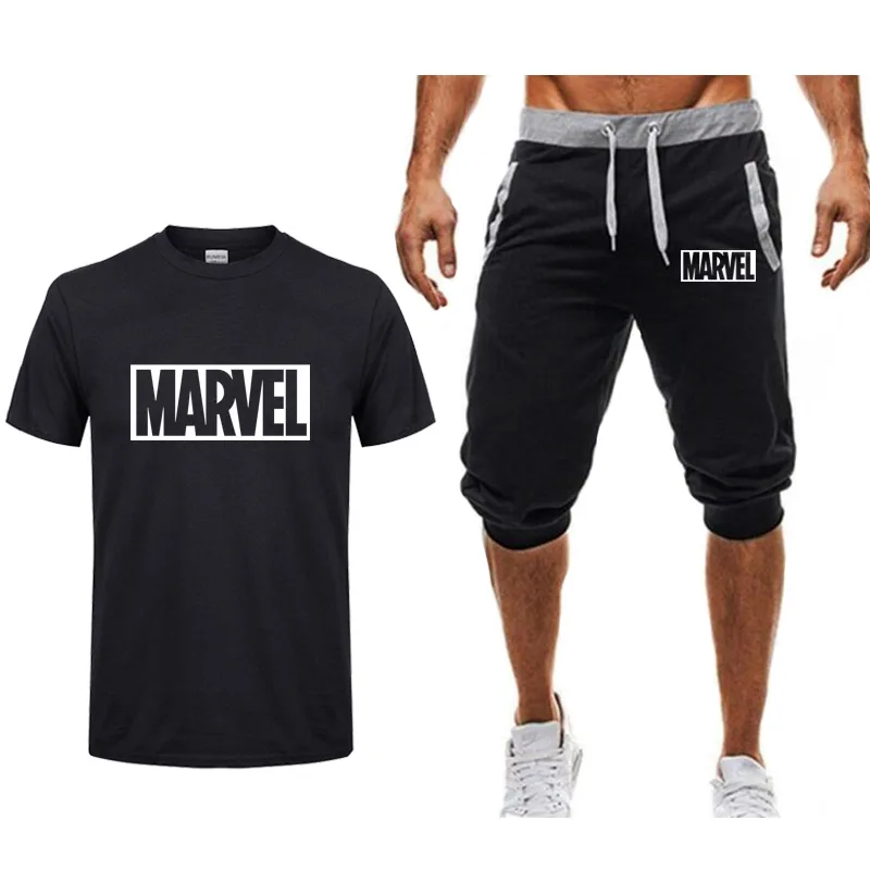 

Men T Shirts+Shorts Men Sets Brand clothing cotton MARVEL T-shirt Two pieces tracksuit Fashion Casual Tshirts Workout Fitness