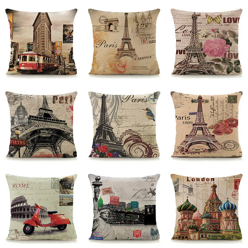 A Reaso Linen PARIS Throw Pillow Case Home Decor Coussin Vintage