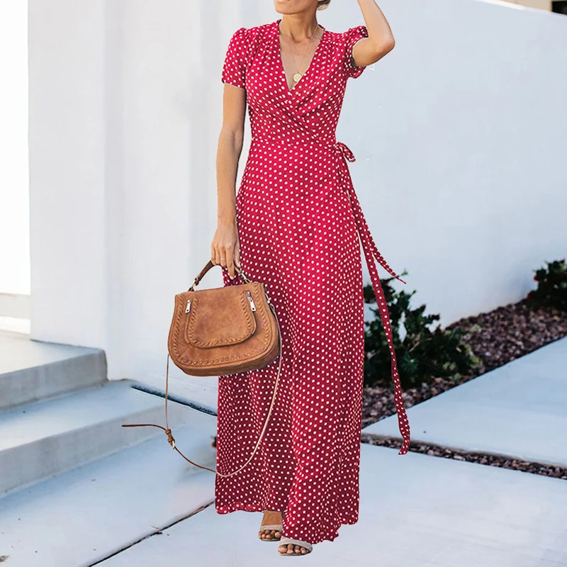 

ZADORIN Women Summer Dress 2019 Polka Dot Bandge Maxi Dresses For Women V Neck A Line Red Blue Casual Gothic Elegant Party Dress