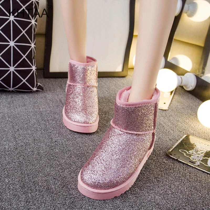 

Women's Casual Glitter Mid Calf Boots Flat Flatform Female Slip On Winter Warm Snow Boots Ladies 2018 Fashion Leisure Footwear