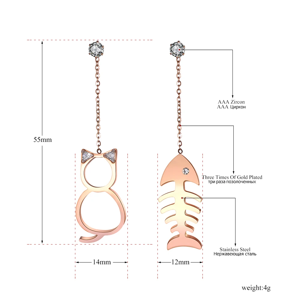 Lokaer Мода Нержавеющая сталь ассиметричные серьги-подвески изделия розовое золото Кристалл Кошка и рыба Для женщин Длинные висячие серьги E19119