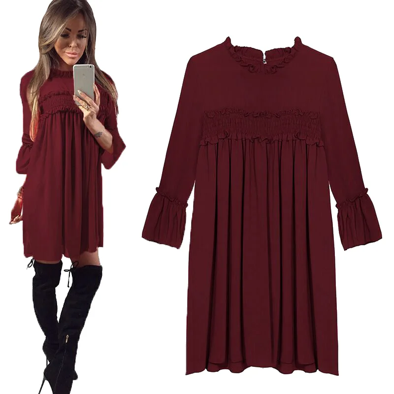 Goede Patchwork Ruches Geplooid Chiffon Jurk Vrouwen 2017 Lente Mode Flare Lange Mouwen Losse Zwart Rode Jurk Casual Party Jurken