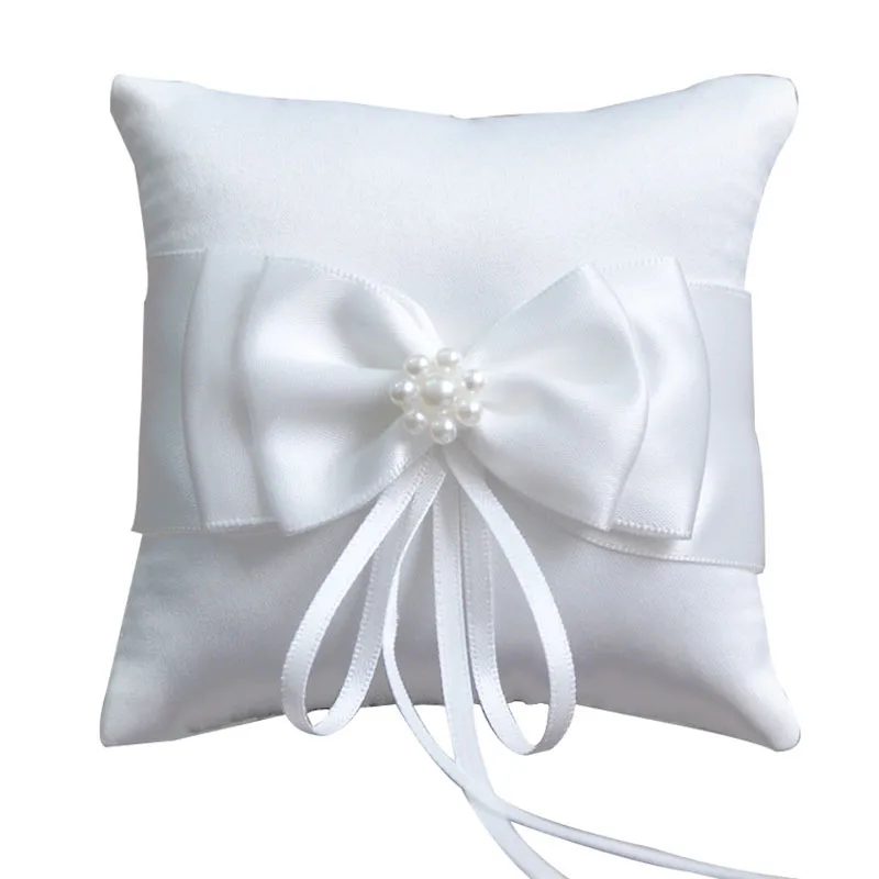 

White Satin Bowknot Wedding Ring Pillow Rose Pearl Lace Bridal Cushion Bearer Ring Holder Beach Wedding Ceremony Pocket 20x20cm