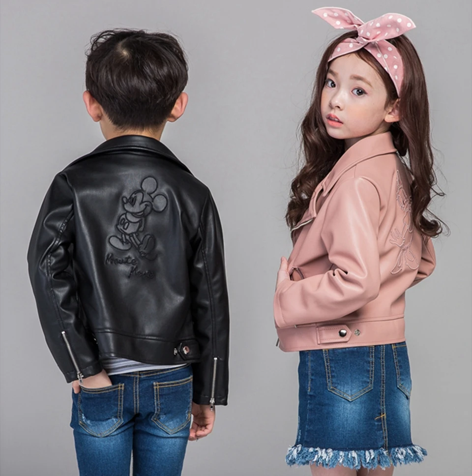 

2016 New Autumn Winter Girls Boys Coat Mouse Cartoon Duck Motorcycle Leather Jacket Children Clothes Casual Outerwear 4-14years