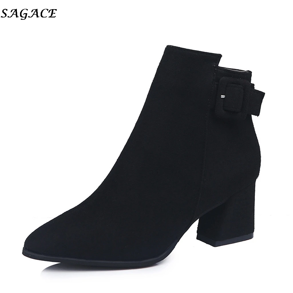

SAGACE Ankle Boots Women 2019 New autumn Pointed Toe shoes woman Fashion Square Heel Zip Boots ladies Casual Slip-On Shoes #4z