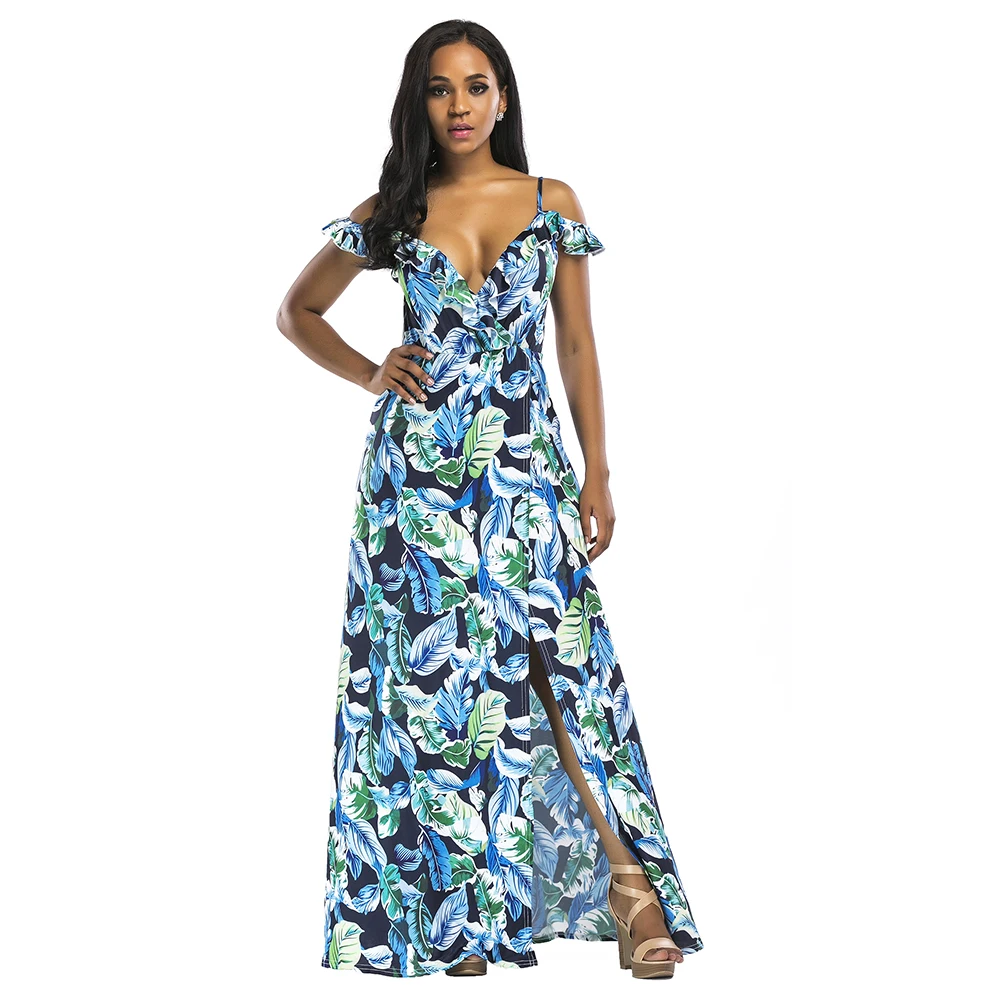

Women Off the Shoulder Maxi Dress Spaghetti Straps Ruffles Elegant Beach Dress Deep V Neck High Slit Open Back Dress Vestidos
