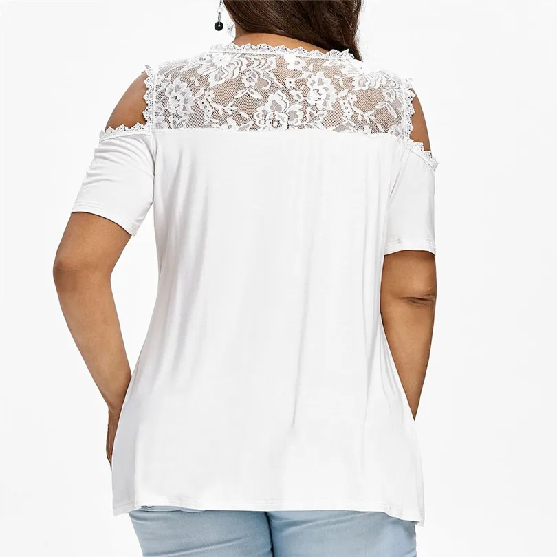 Plus Size New Fashion Women Winter Ladies Casual Daily  Cold Shoulder Strapless Lace Short Sleeve T-shirt Tops  #4F05 (6)