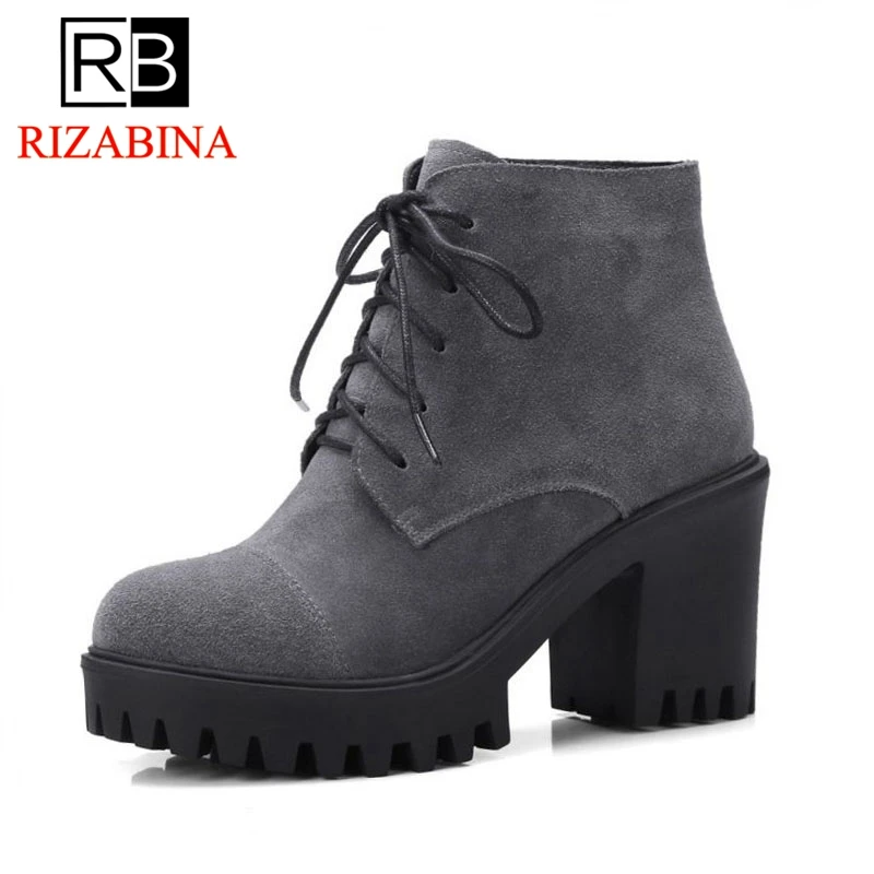

RizaBina Size 34-43 Women High Heel Boots Round Toe Lace Up Platform Warm Winter Ankle Boots Concise Shoes Women Footwear