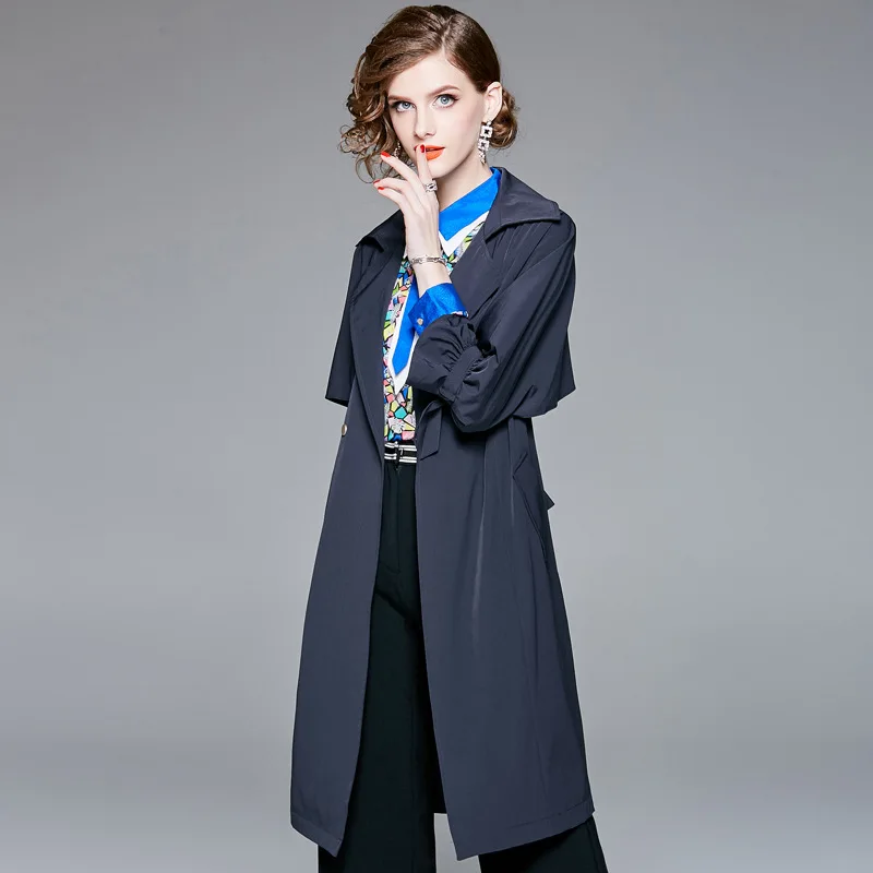 Solid turn down collar three quarter sleeve slim long trench coats 2018