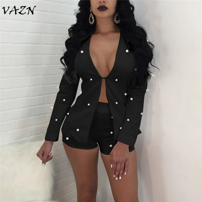 

VAZN Top Quality High Design 2018 Sexy Club 2 Pieces Women Set Solid Beading Full Sleeve Shorts Hot Women Set 3358
