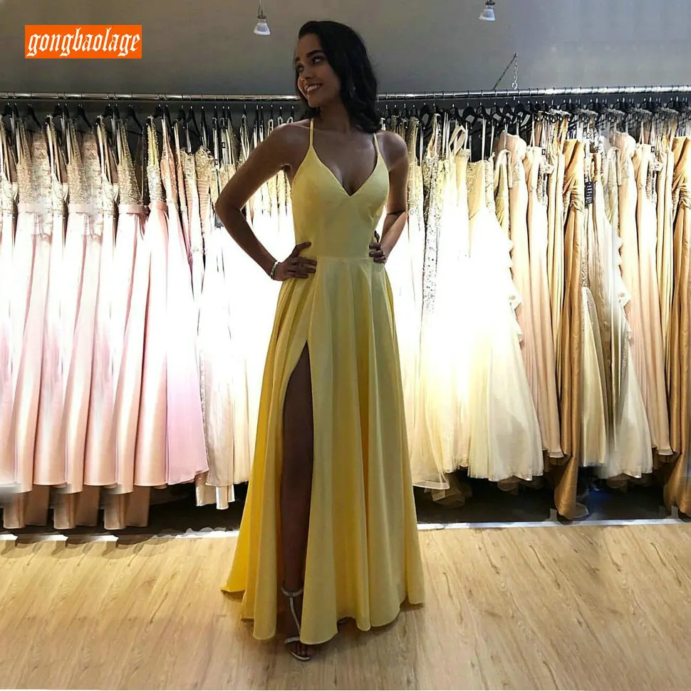 

Elegant Women Yellow Prom Dresses Long 2019 Sexy Special Occasion Formal Dress Prom Elastic Satin A-Line Slim Fit Party Gowns