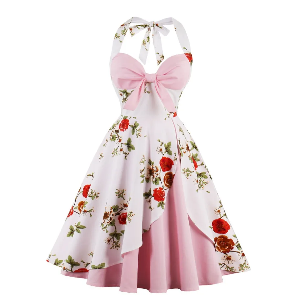 

2019 new summer hot Fashion Women's Vintage Bow Spring Vintage Country Ball Gown Spaghetti strap Dress sukienki damskie mujer#F7