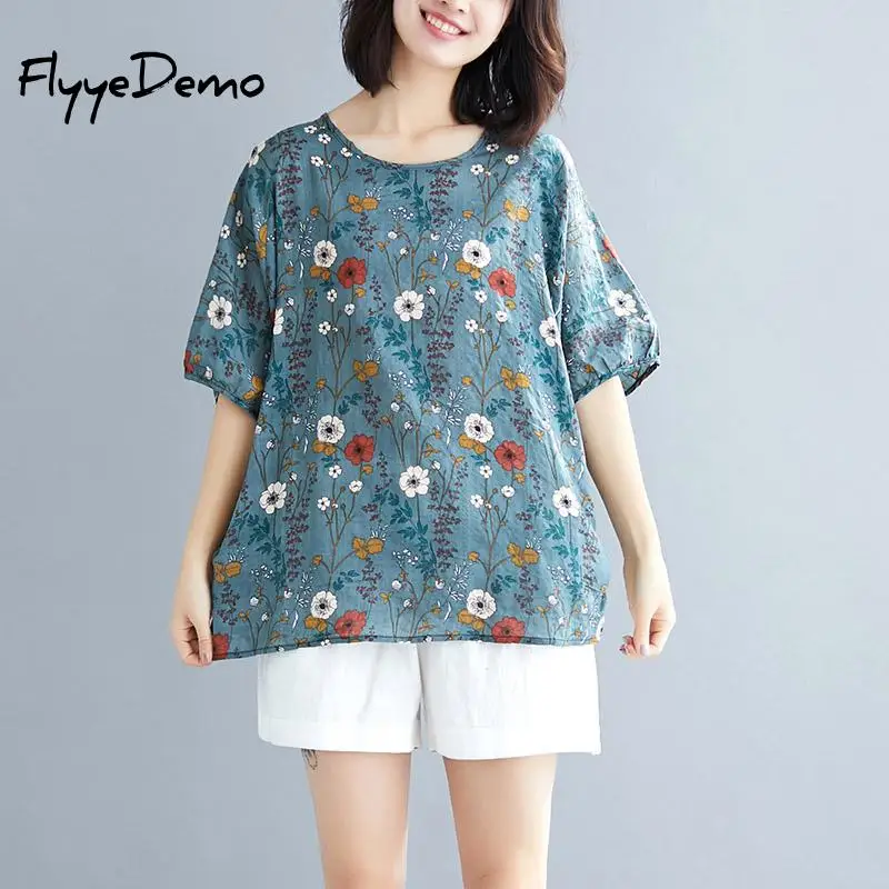 

Plus Size Cotton Linen Blue Print T Shirt Women 2019 Summer New Short Sleeve Female Tee Shirt Femme Korean Big Size T Shirt