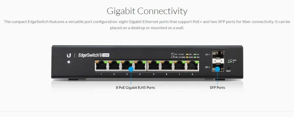 Ubiquiti ES-8-150W Edge коммутатор 8 порт PoE, 2 SFP порт UBNT сетевой управляемый PoE+ гигабитный коммутатор с SFP