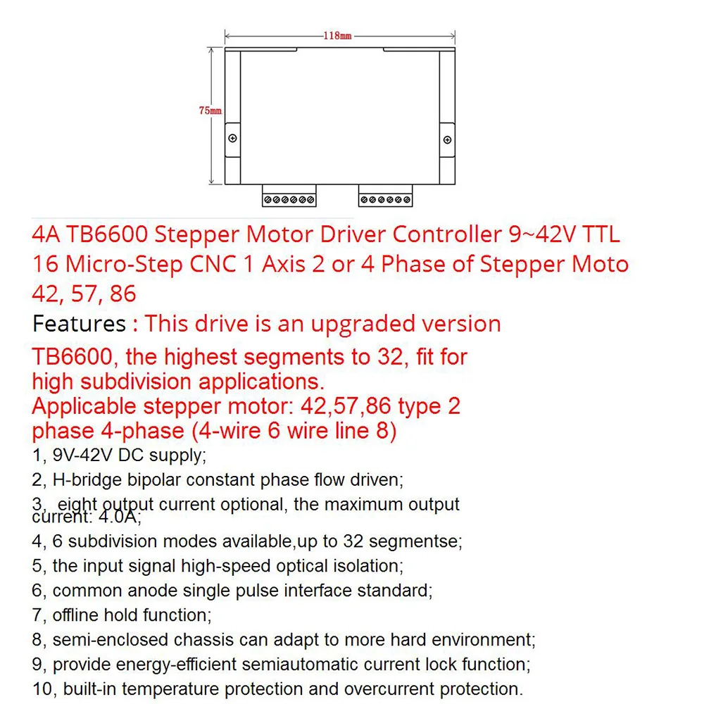 3 шт. обновленная версия TB6600 StepperMotor Driver 4A 9~ 42 в ttl 16 микро-шаг ЧПУ 1 Ось 2or4 фазы StepperMoto 42,57, 86