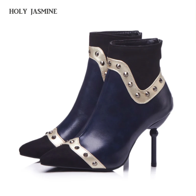 

2018 New Hot Sexy Style Spring/Autumn Women's Flock Boots Solid Zip with RivetsThin Heel Boots Ladies' Pointed Toe Ankle Boots