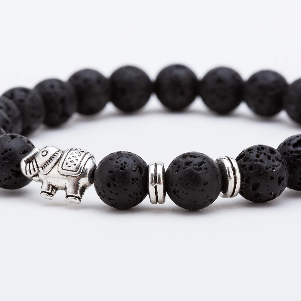8 мм черная вулканическая лава камень браслет Древний серебряный слон мужчины и женщины мода браслет