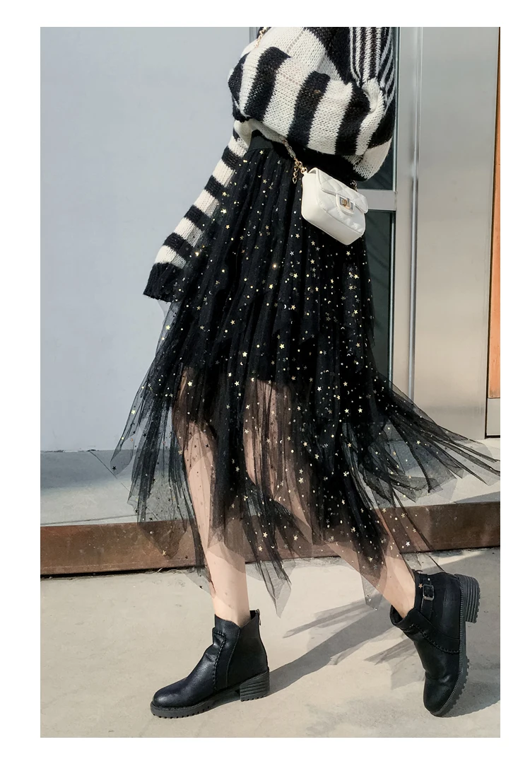 Women's Skirts Summer 2020 New Korean Stars Sequin Elegant High Waist A-line Pleated Elastic Belt School Spring Midi Skirt Femme