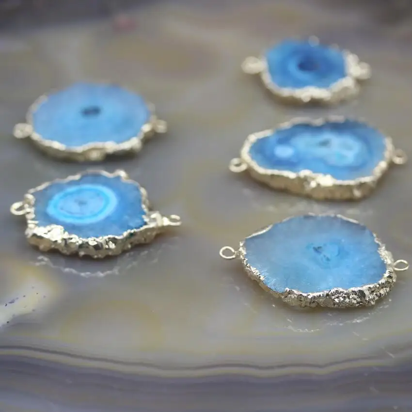 

5Pcs Large Blue Sun Flower Drusy Geode Slabs Connectors Charms,Gold Edges Raw Solar Quartz Druzy Slice Nugget Pendants Jewelry