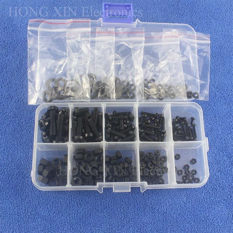 

270Pcs M2 M2.5 M3 M4 M5 Nylon Button Screw Bolt Nut Assortment Kit Black washer Plastic Nut Round Phillips Pan Head Screws