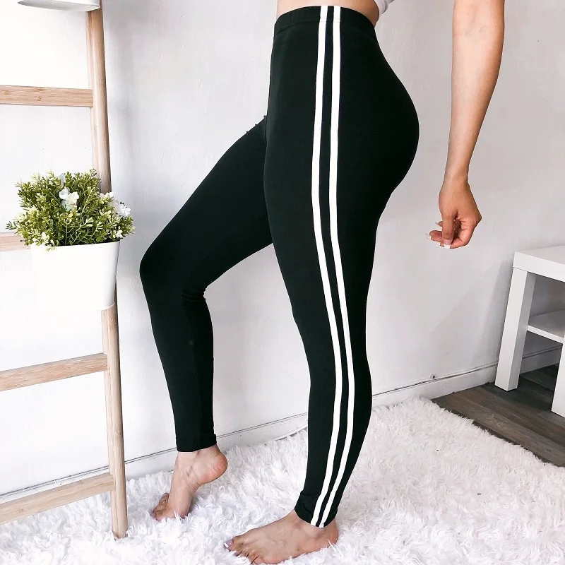 

2019 Spring Women Leggings Double white line printed Legging Punk Female Legins Stretchy Trousers Casual Workout Plus Size pants