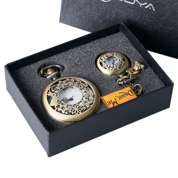 

Hollow Bronze Alice In Wonderland Theme Quartz Pocket Watch Set with Retro Pocket Hanging Chain Top Gifts for Men Women